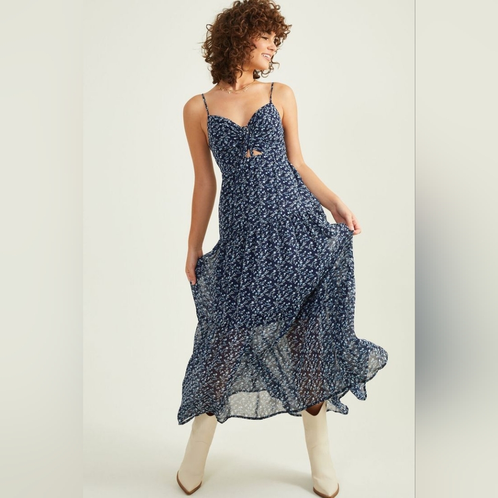 Altar'd State Rishi Floral Midi Dress With Front Cutouts In Navy, Size Small